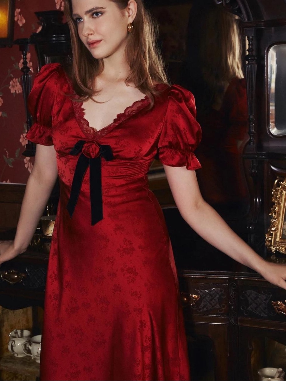 Romantic  Floral Jacquard Midi Dress Puff Sleeve Velvet Bow Cottagecore Coquette